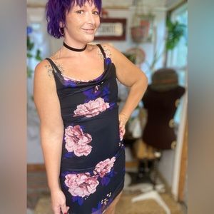 Charlotte Russe Y2K 90s Floral Pink Purple Black Strappy Mini Dress Size medium